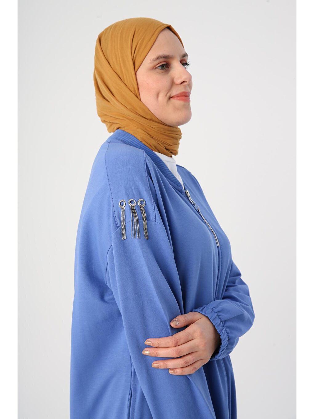 Mavi Parlement Pamuklu Bisiklet Yaka Fermuarlı Zincir Detaylı Ferace-4