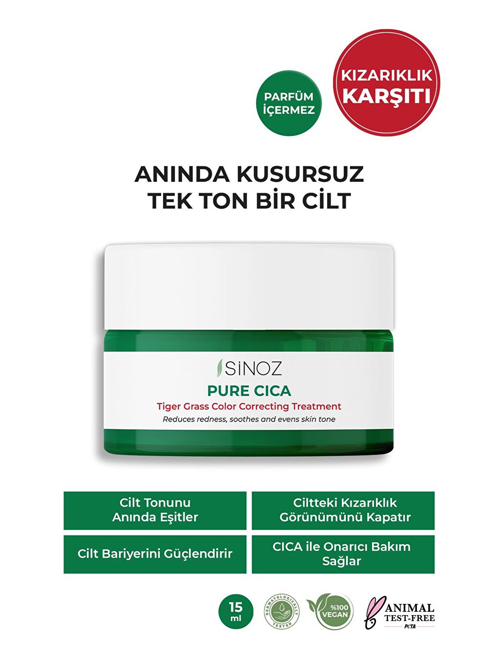 Sinoz Pure Cica Tiger Grass Ton Eşitleyici Yoğun Onarıcı Yatıştırıcı Kızarıklık Karşıtı Yüz Kremi 15 ML