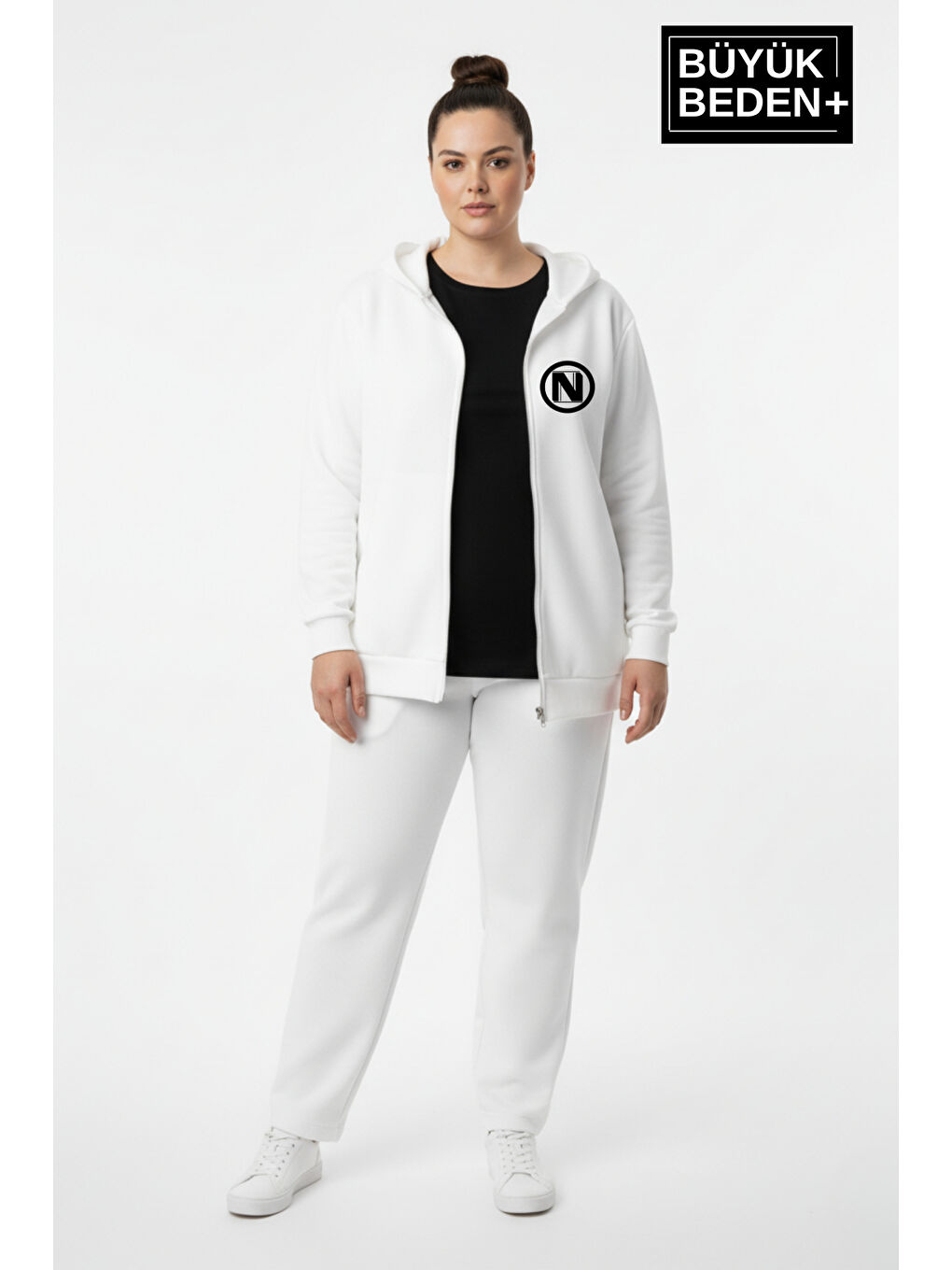 Ekru Kadın Büyük Beden Kapüşonlu Fermuarlı N Baskılı Sweatshirt Hırka SPR26BHRK922