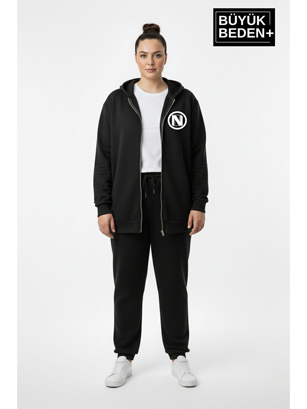 Siyah Kadın Büyük Beden Kapüşonlu Fermuarlı N Baskılı Sweatshirt Hırka SPR26BHRK922