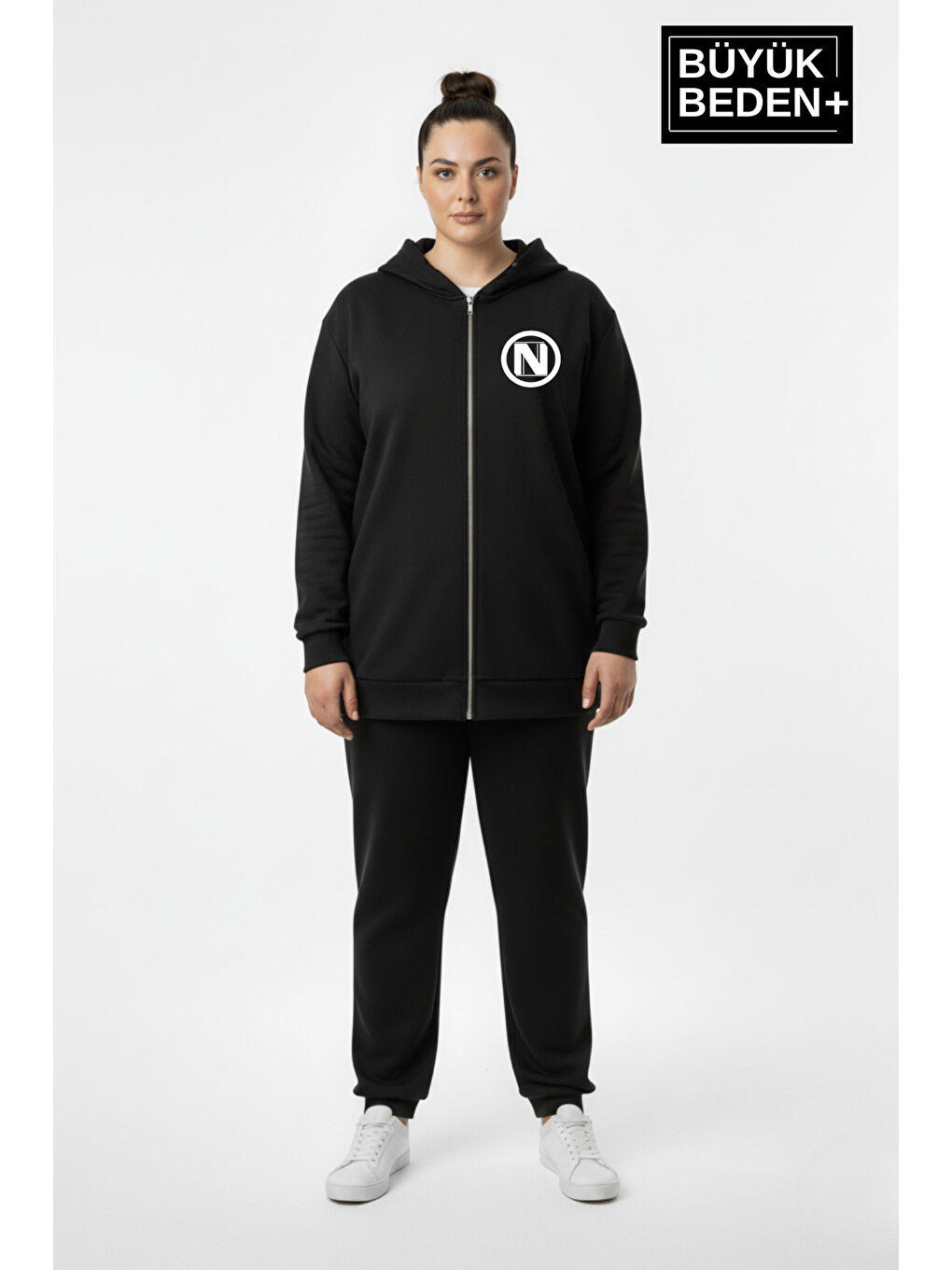 Siyah Kadın Büyük Beden Kapüşonlu Fermuarlı N Baskılı Sweatshirt Hırka SPR26BHRK922-1