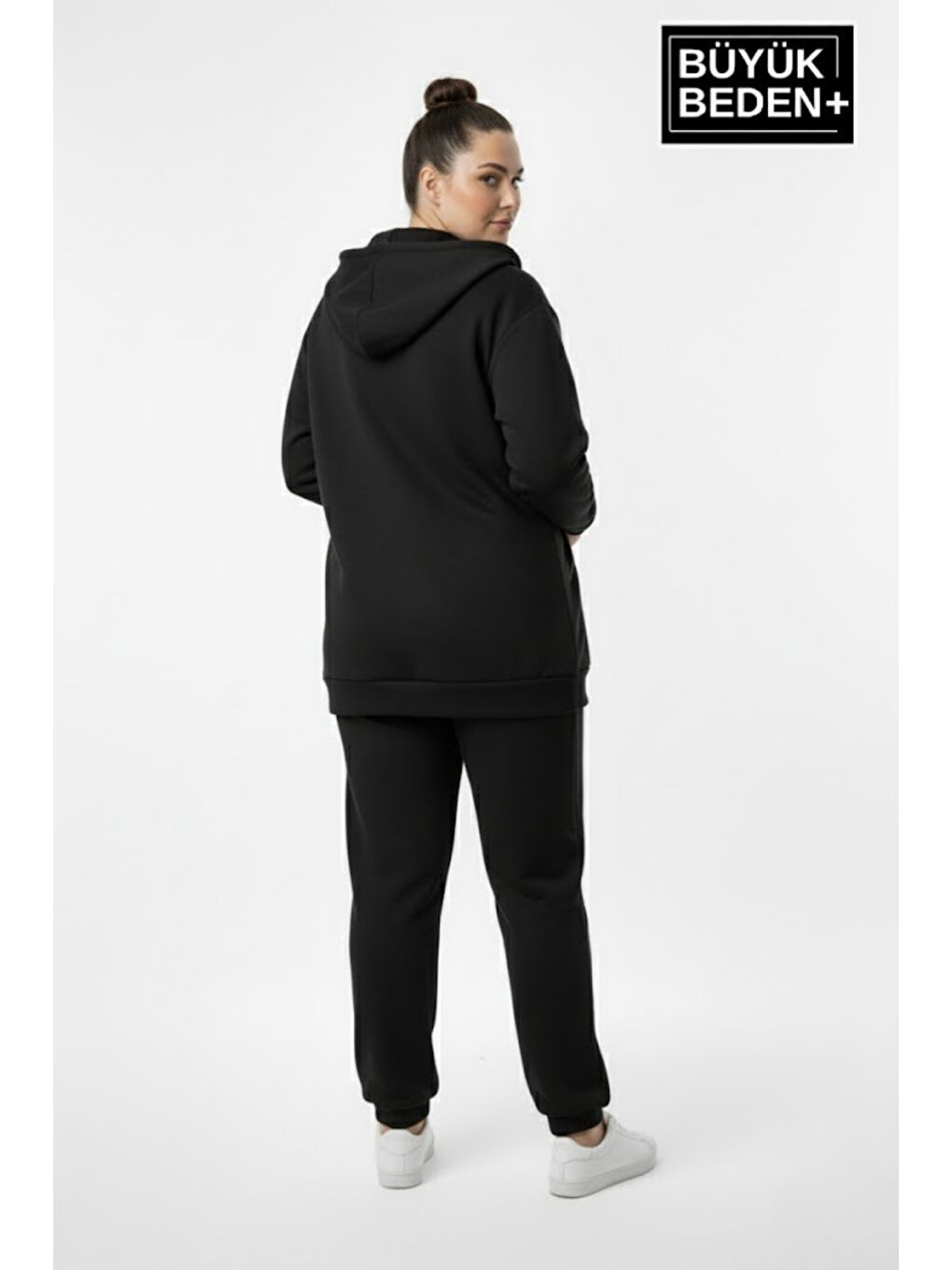 Siyah Kadın Büyük Beden Kapüşonlu Fermuarlı N Baskılı Sweatshirt Hırka SPR26BHRK922-2