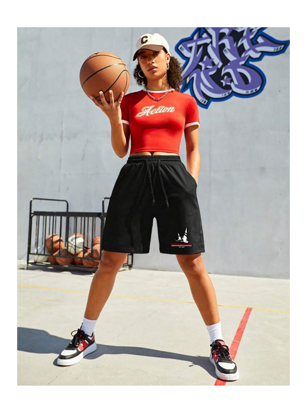 Siyah Kadın Yelken Baskılı Standart &Regular Kalıp Şort SPR25SRk083-1