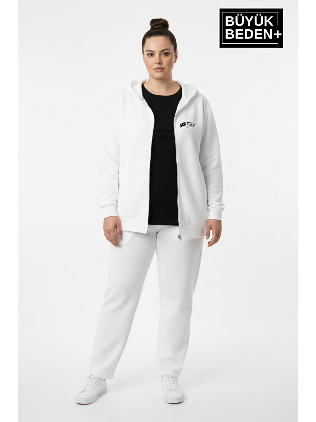 Ekru Kadın Büyük Beden Fermuarlı Kapüşonlu New York Baskılı Sweatshirt Hırka SPR26BHR923