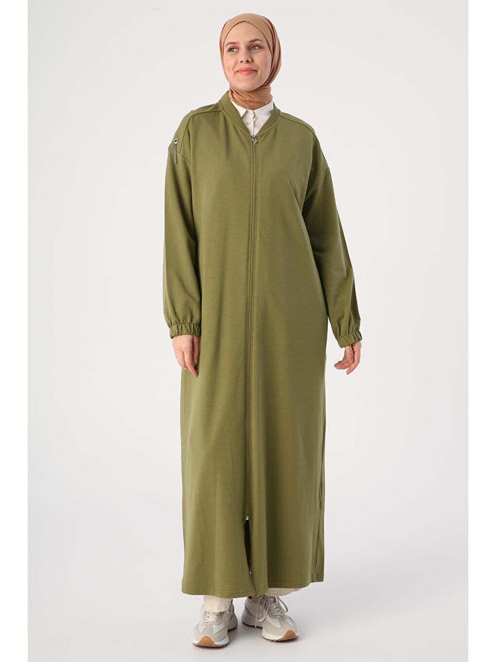 Haki Pamuklu Bisiklet Yaka Fermuarlı Zincir Detaylı Ferace-1
