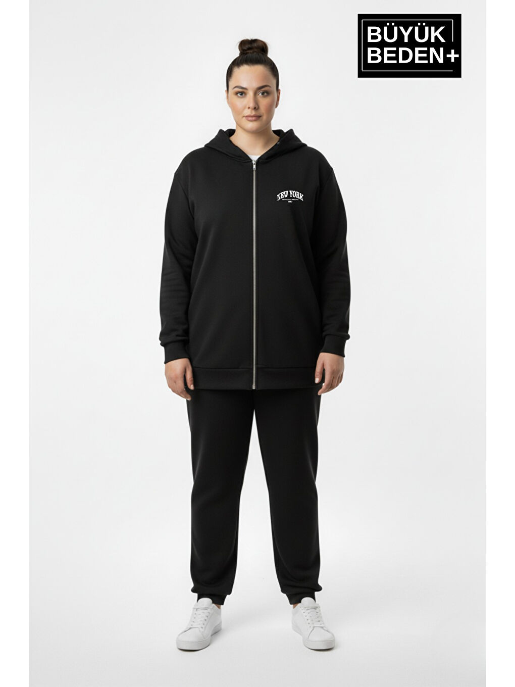 Siyah Kadın Büyük Beden Fermuarlı Kapüşonlu New York Baskılı Sweatshirt Hırka SPR26BHR923-1