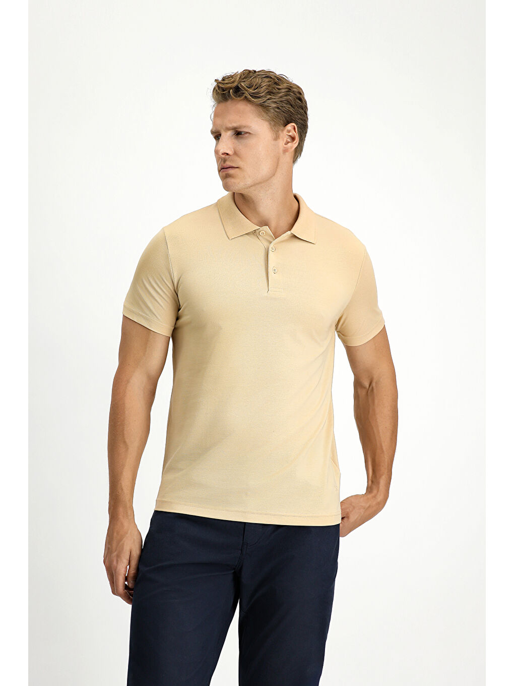 Bej Slim Fit Dar Kesim Pamuklu Polo Yaka Tişört-2