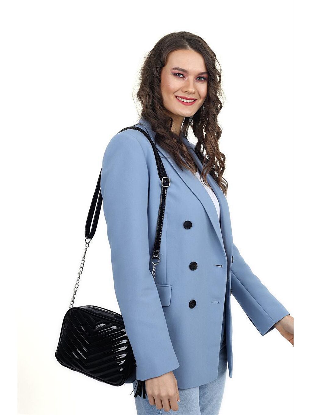 Siyah Rugan Kadın Zincir Askılı Kapitone Omuz Çantası-1