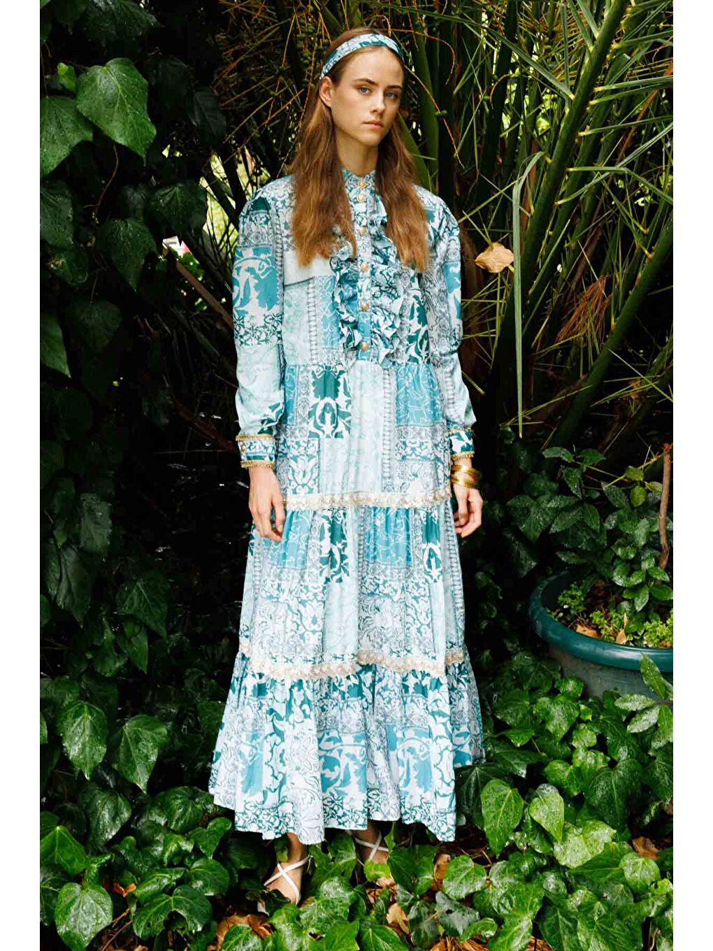 Floral Etnik Baskılı Elbise - Yeşil