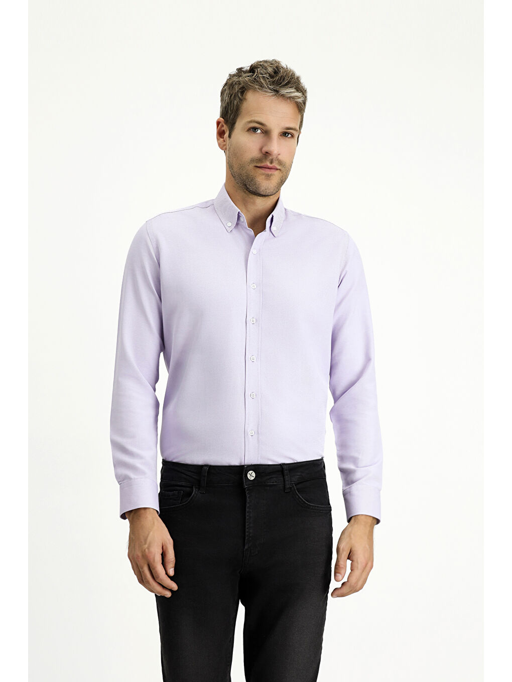 Lila Uzun Kol Slim Fit Düğmeli Yaka Oxford Pamuklu Kolay Ütülenebilir Büyük Beden Gömlek-2