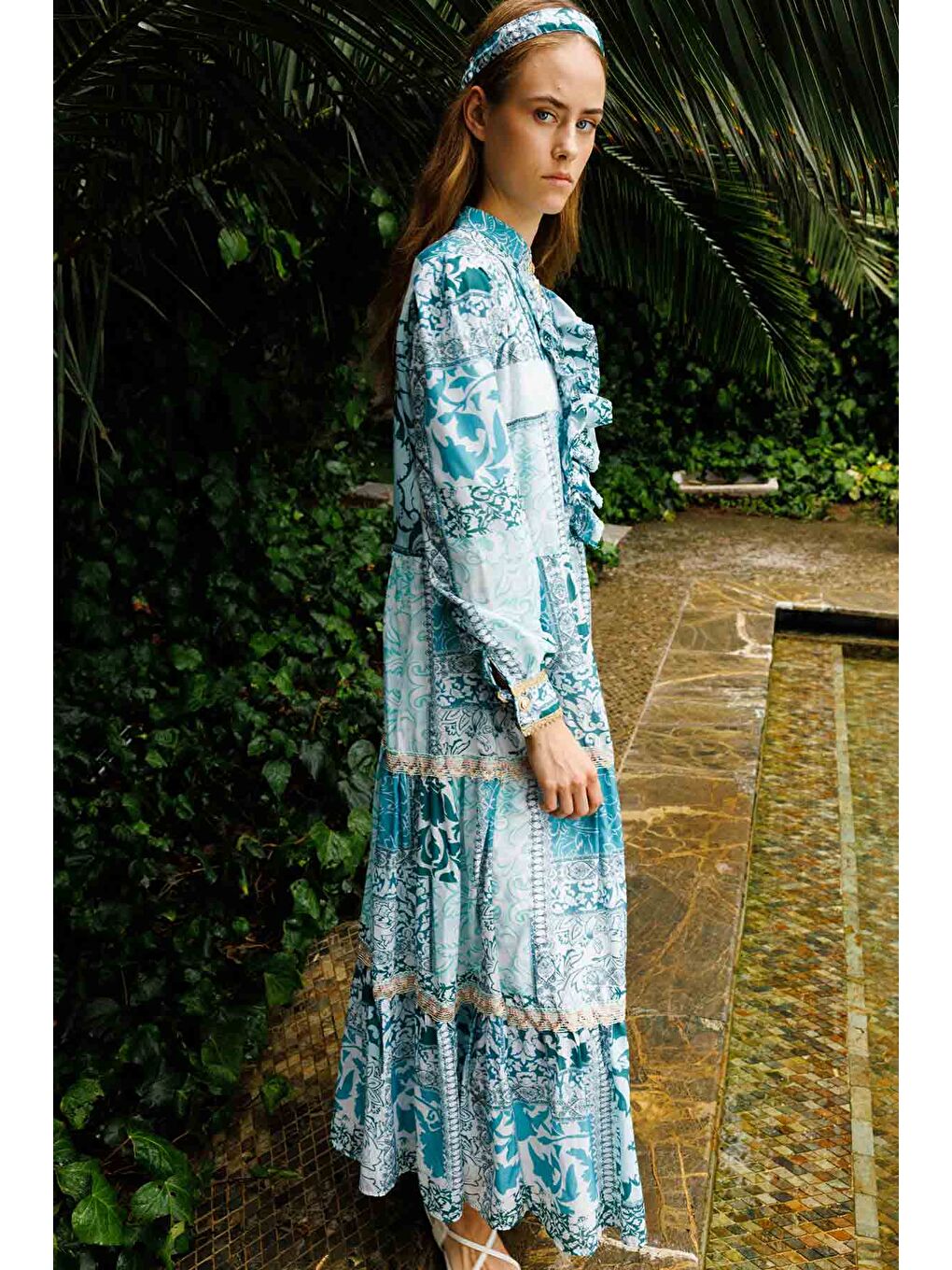 Floral Etnik Baskılı Elbise - Yeşil-5