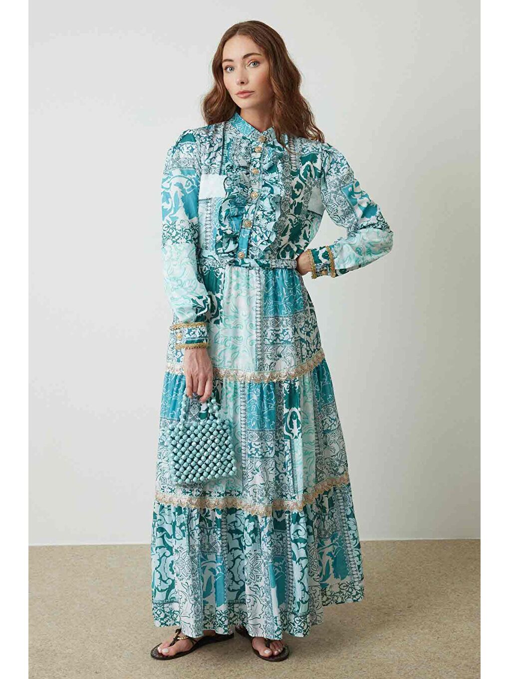 Floral Etnik Baskılı Elbise - Yeşil-7