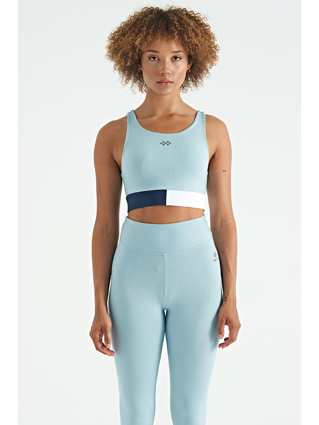 Açık Mavi Renk Bloklu Logo Baskılı Dar Kalıp Fitilli Kadın Büstiyer - 97275