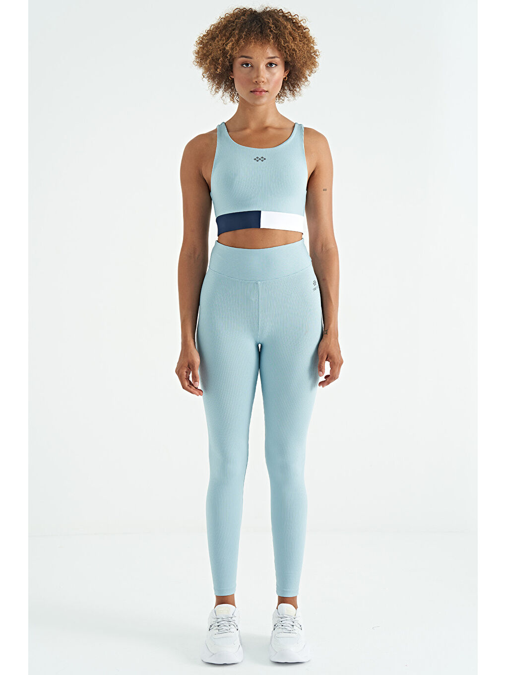 Açık Mavi Renk Bloklu Logo Baskılı Dar Kalıp Fitilli Kadın Büstiyer - 97275-1