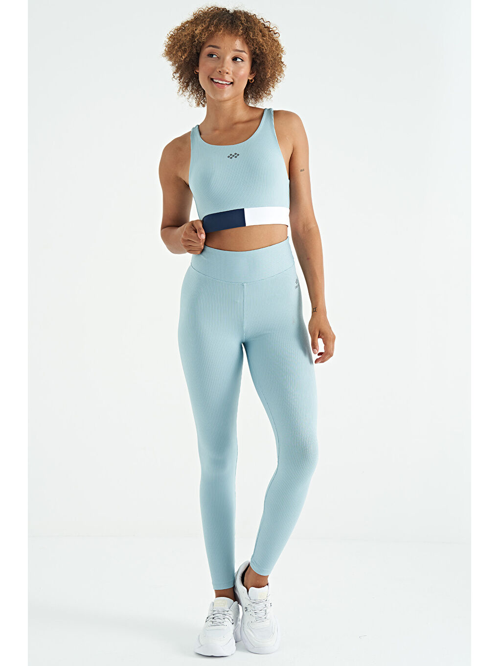 Açık Mavi Renk Bloklu Logo Baskılı Dar Kalıp Fitilli Kadın Büstiyer - 97275-2