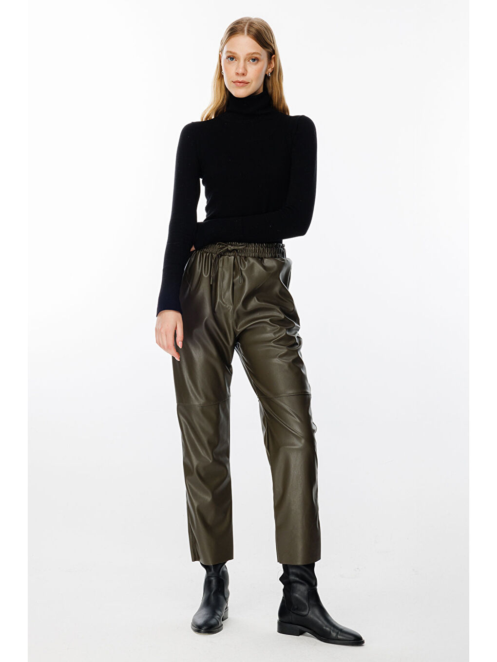 Dikiş Detaylı Deri Pantolon - Haki