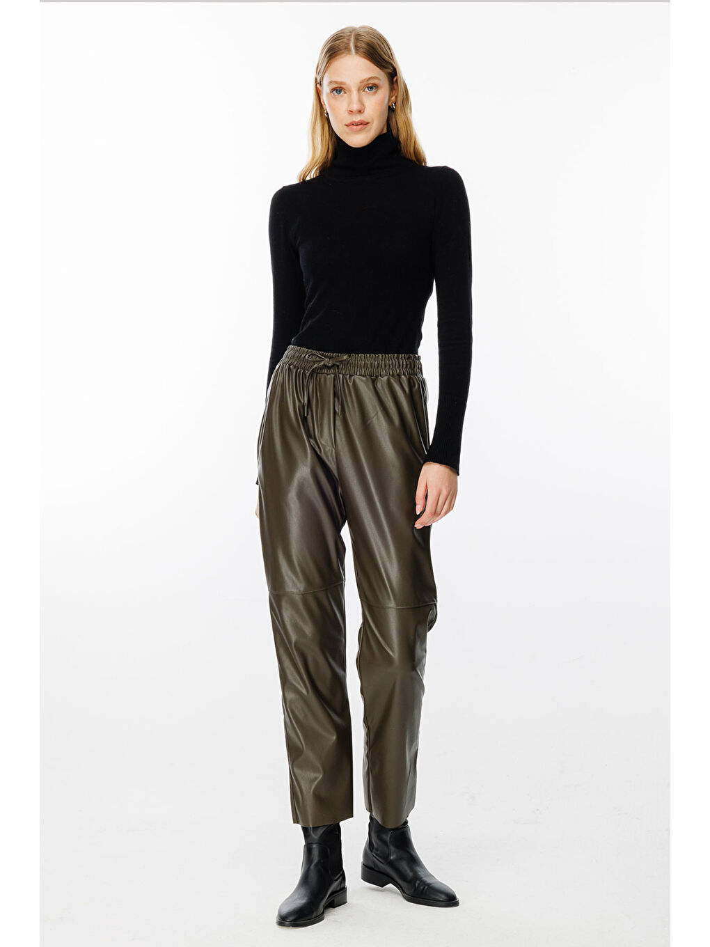Dikiş Detaylı Deri Pantolon - Haki-1