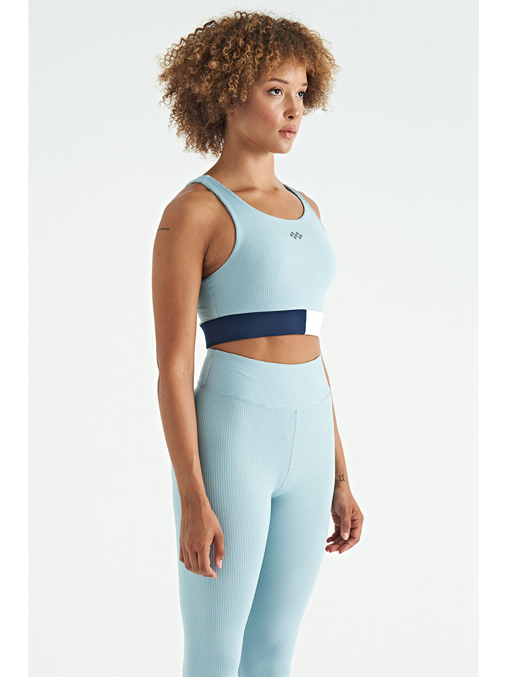 Açık Mavi Renk Bloklu Logo Baskılı Dar Kalıp Fitilli Kadın Büstiyer - 97275-3