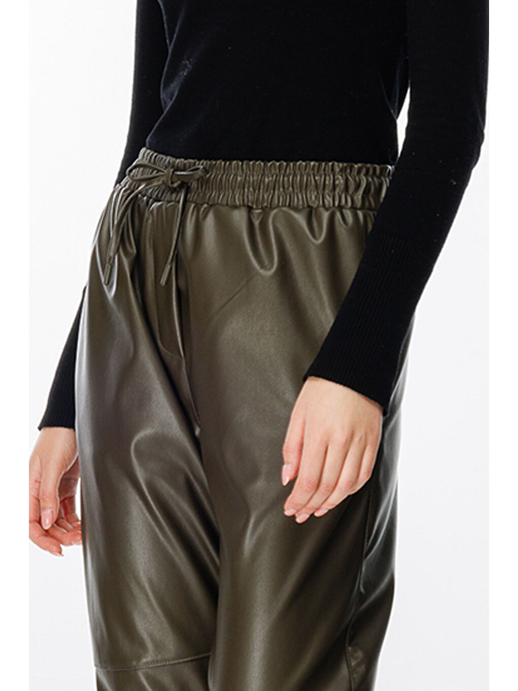 Dikiş Detaylı Deri Pantolon - Haki-2