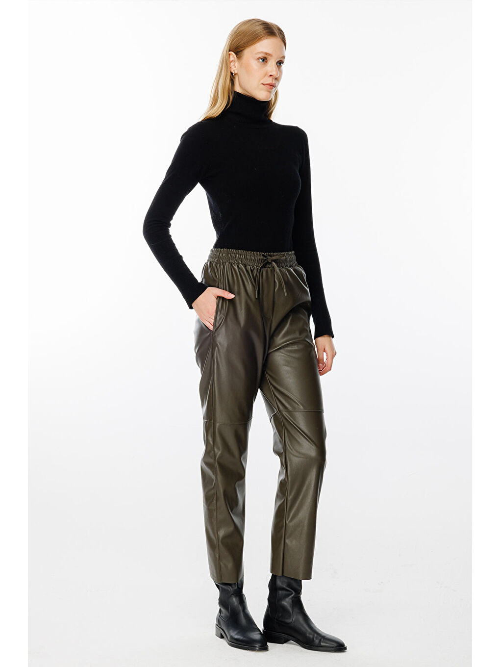 Dikiş Detaylı Deri Pantolon - Haki-3