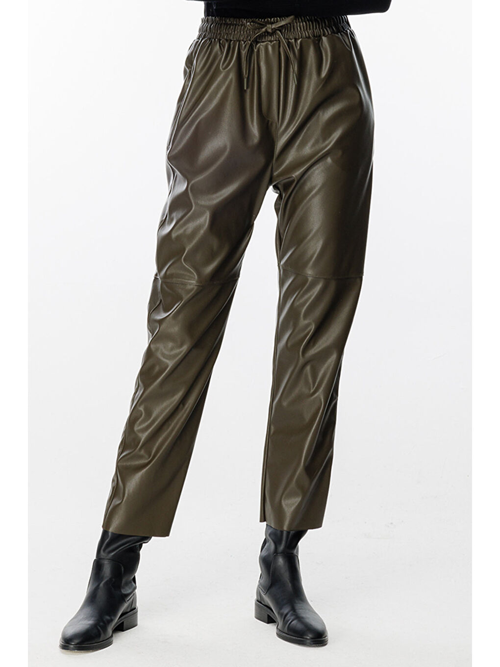Dikiş Detaylı Deri Pantolon - Haki-4