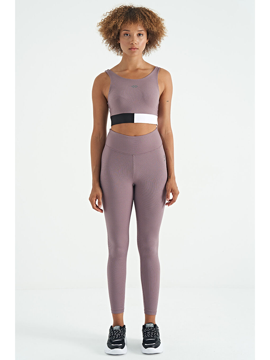 Pembe Gül Kurusu Renk Bloklu Logo Baskılı Dar Kalıp Fitilli Kadın Büstiyer - 97275-1