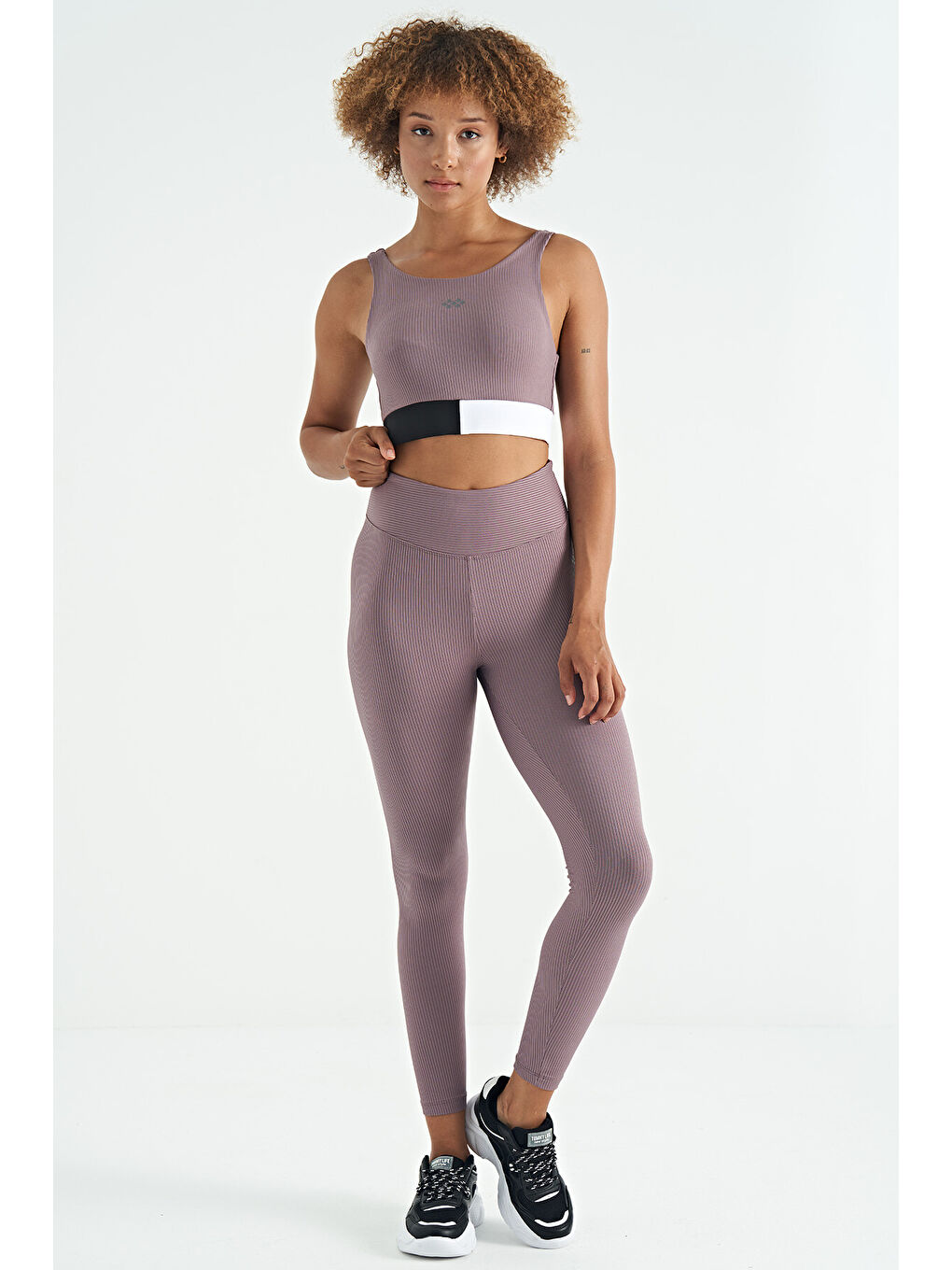 Pembe Gül Kurusu Renk Bloklu Logo Baskılı Dar Kalıp Fitilli Kadın Büstiyer - 97275-4