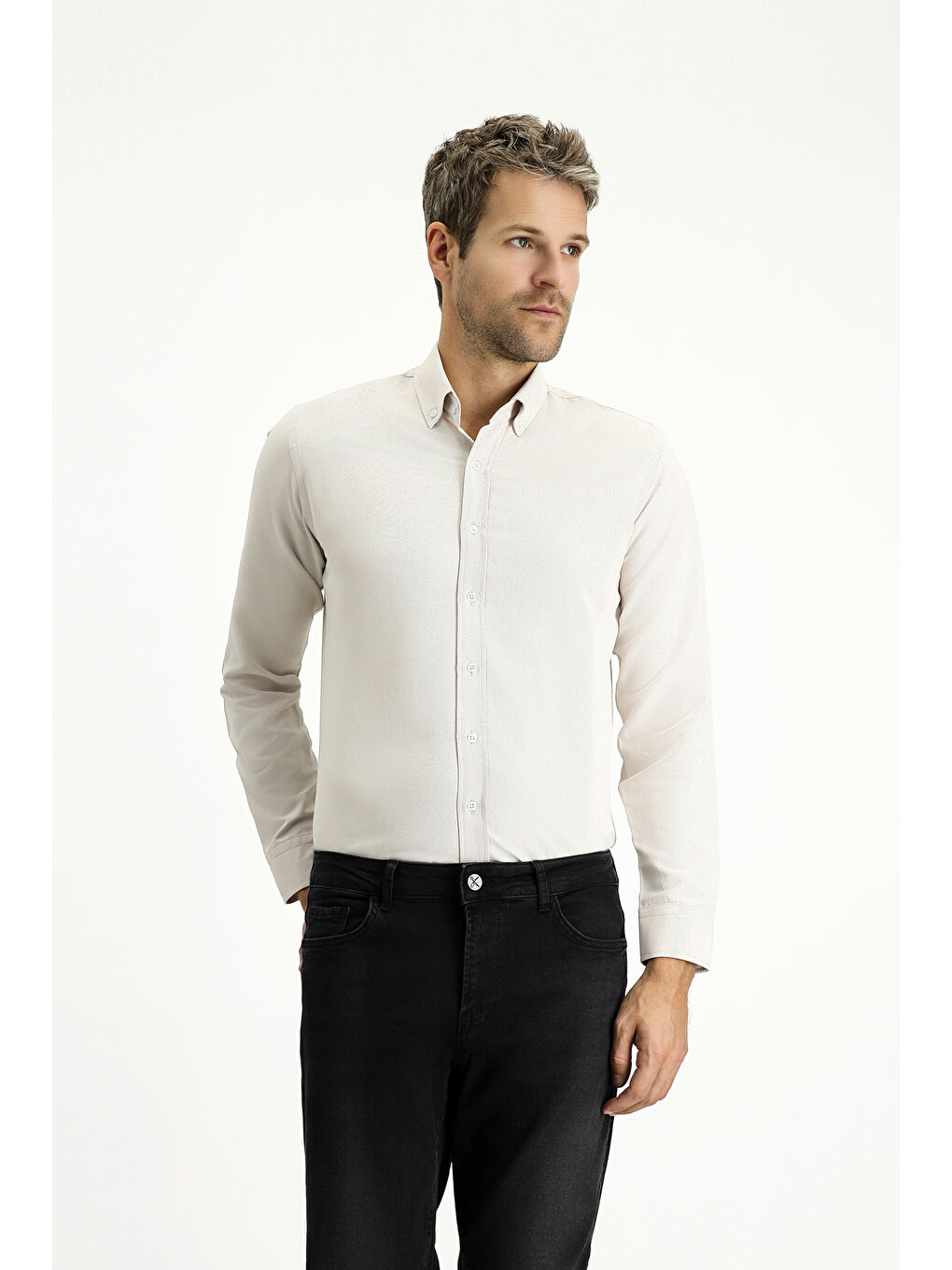 Bej Uzun Kol Slim Fit Düğmeli Yaka Oxford Pamuklu Kolay Ütülenebilir Büyük Beden Gömlek-2