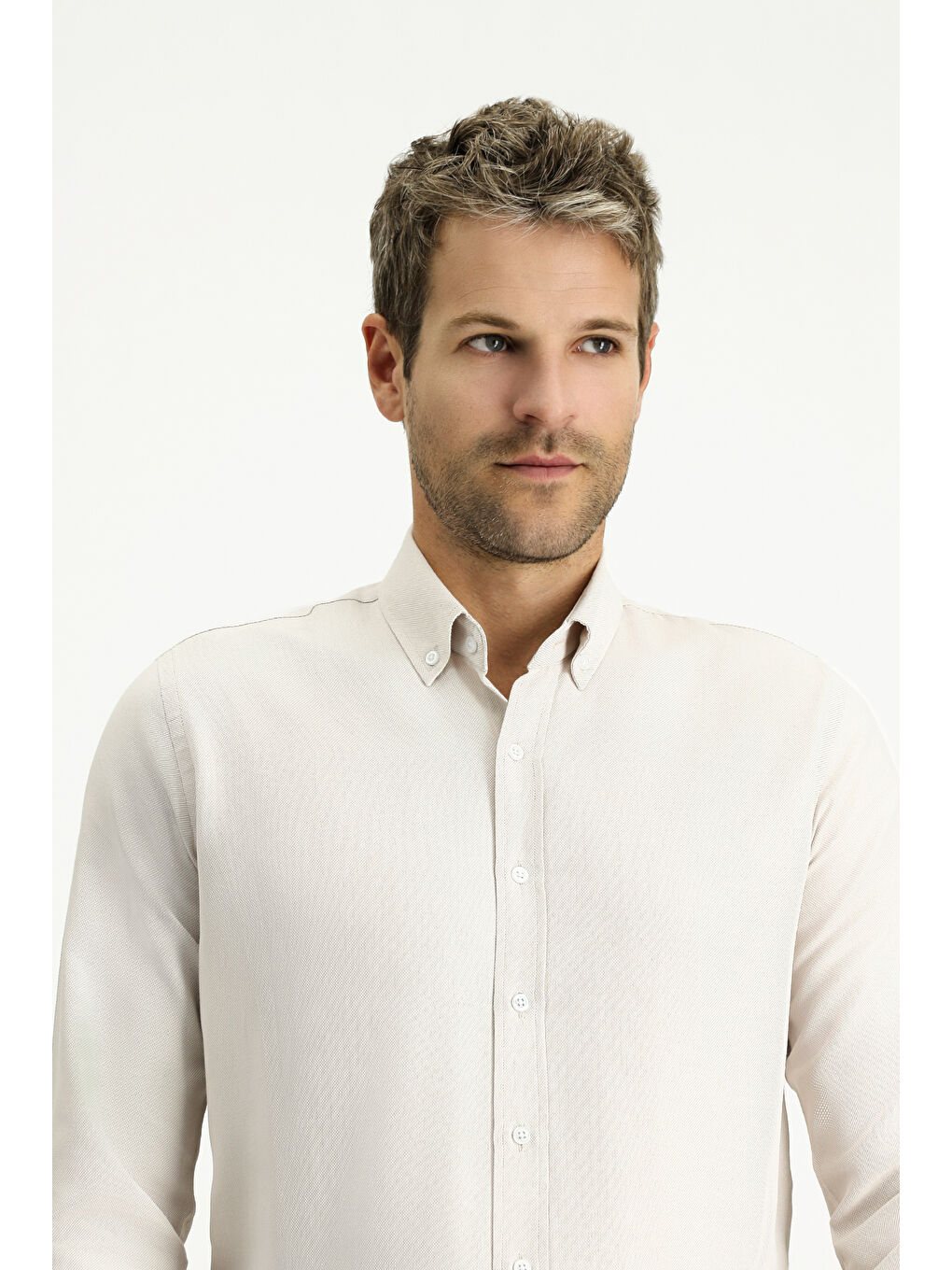 Bej Uzun Kol Slim Fit Düğmeli Yaka Oxford Pamuklu Kolay Ütülenebilir Büyük Beden Gömlek-3