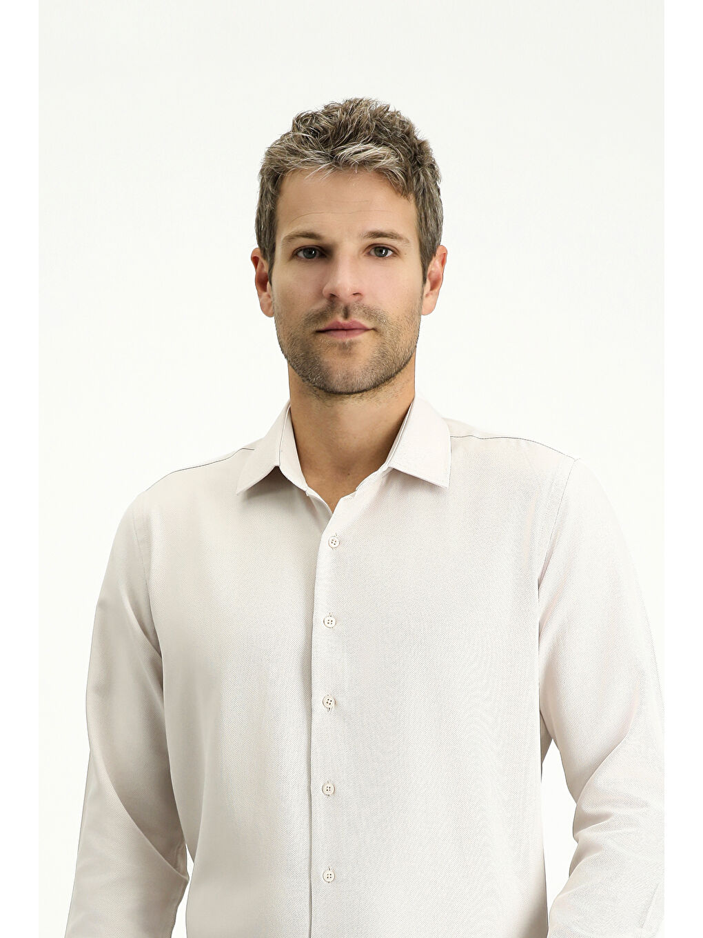 Bej Uzun Kol Slim Fit Klasik Yaka Oxford Pamuklu Kolay Ütülenebilir Büyük Beden Gömlek-2