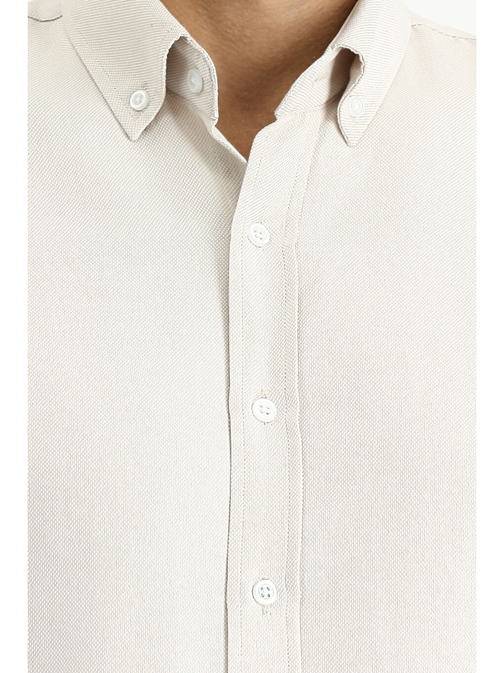 Bej Uzun Kol Slim Fit Düğmeli Yaka Oxford Pamuklu Kolay Ütülenebilir Büyük Beden Gömlek-5