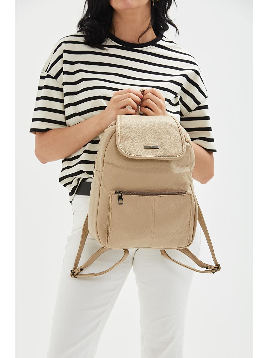 Yıkanmış Deri Rosali Kadın Sırt Çanta Bej-2