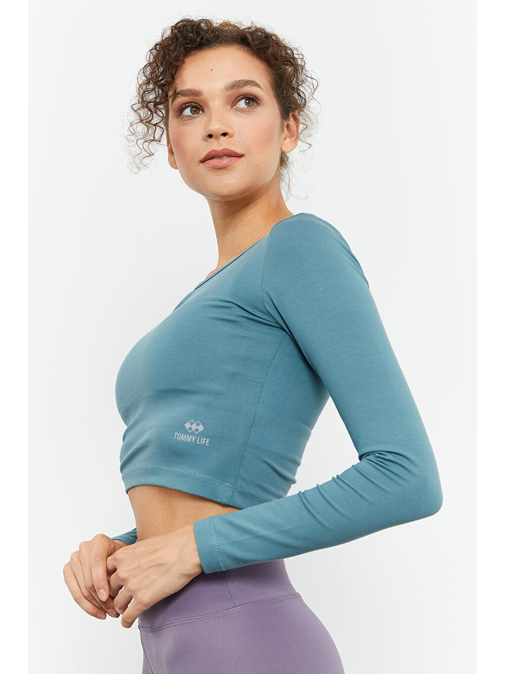 Mint Yeşili Uzun Kollu Dar Kalıp  O Yaka Kadın Crop Top Tişört - 97150-3