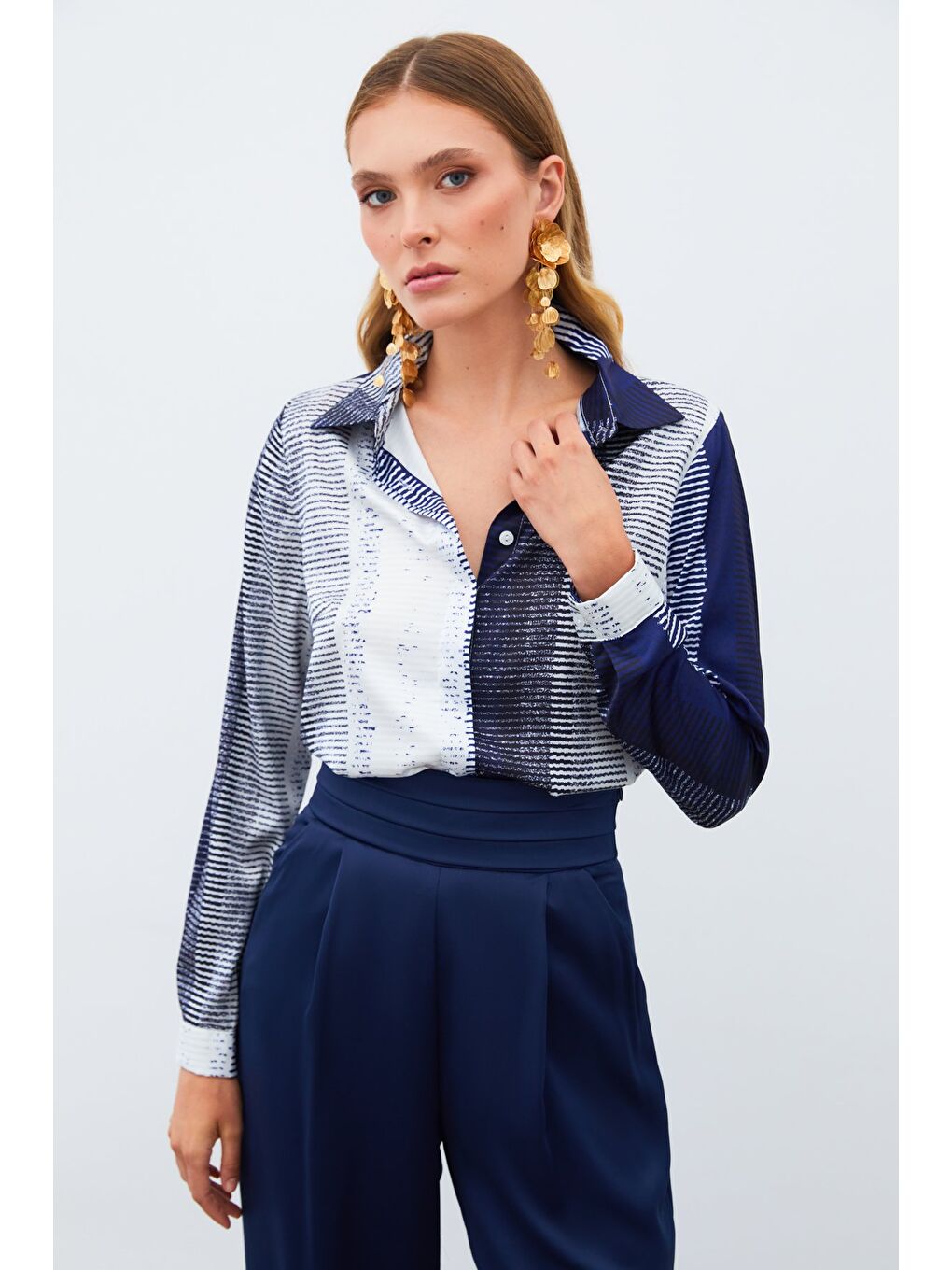 Desenli Düz Gömlek - Lacivert