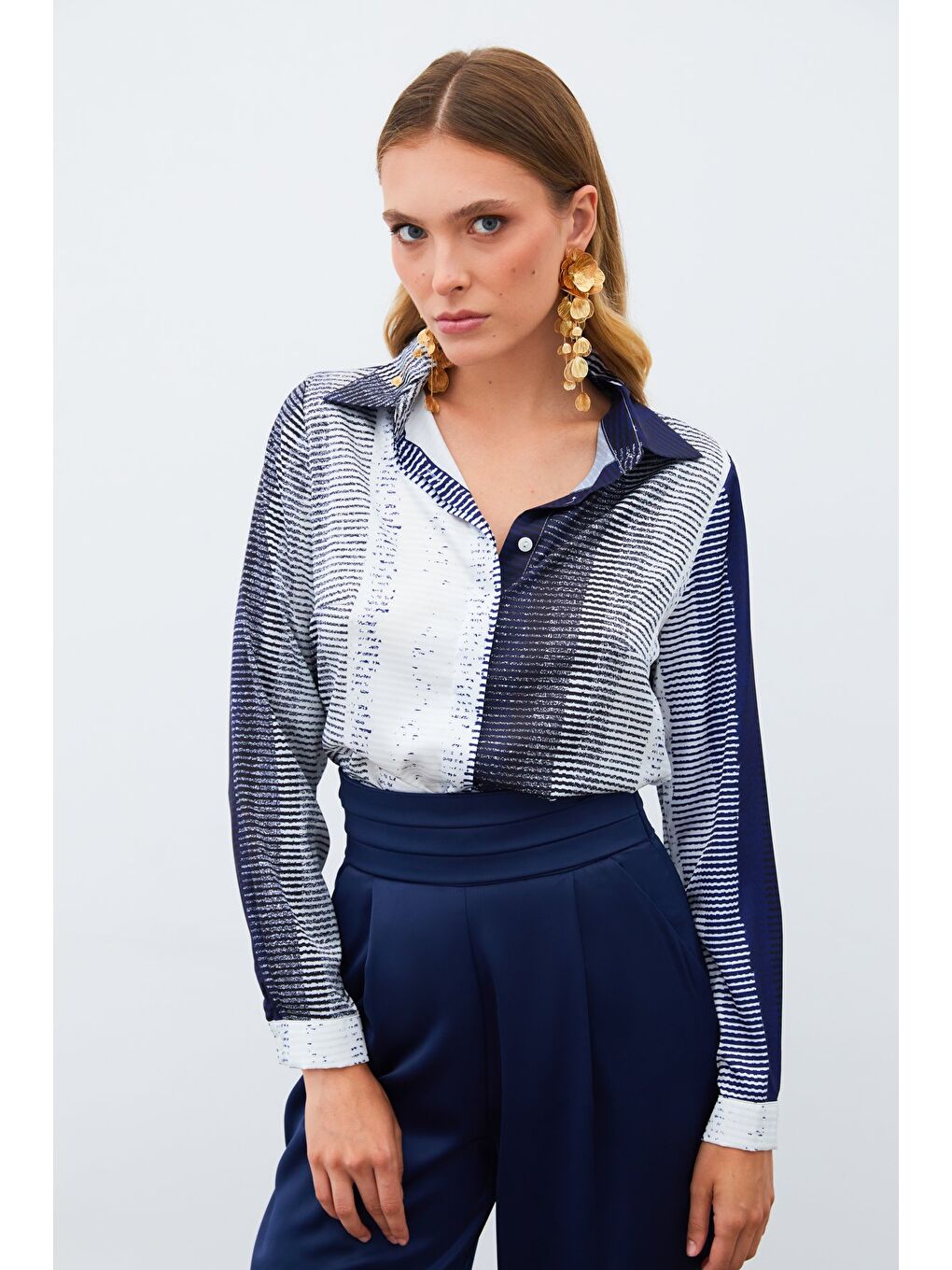 Desenli Düz Gömlek - Lacivert-2