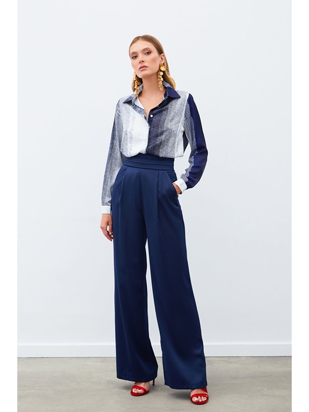 Desenli Düz Gömlek - Lacivert-3