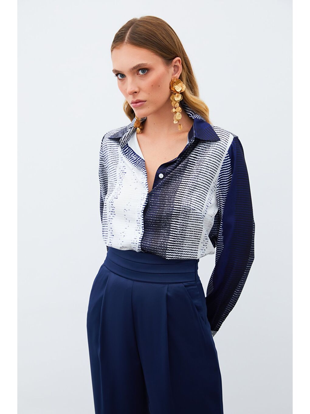 Desenli Düz Gömlek - Lacivert-4