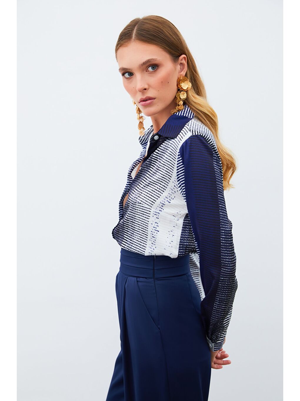 Desenli Düz Gömlek - Lacivert-5