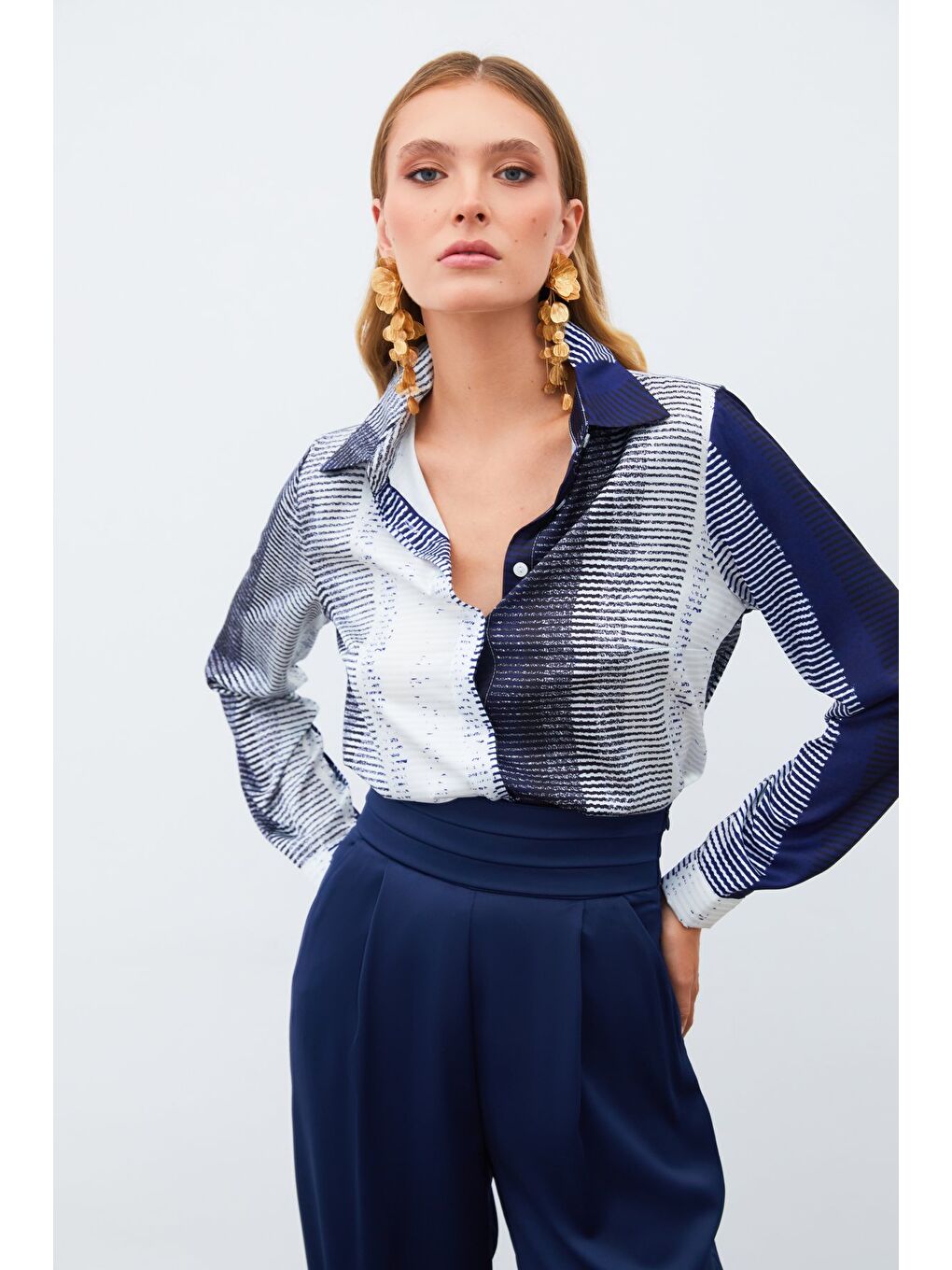 Desenli Düz Gömlek - Lacivert-6