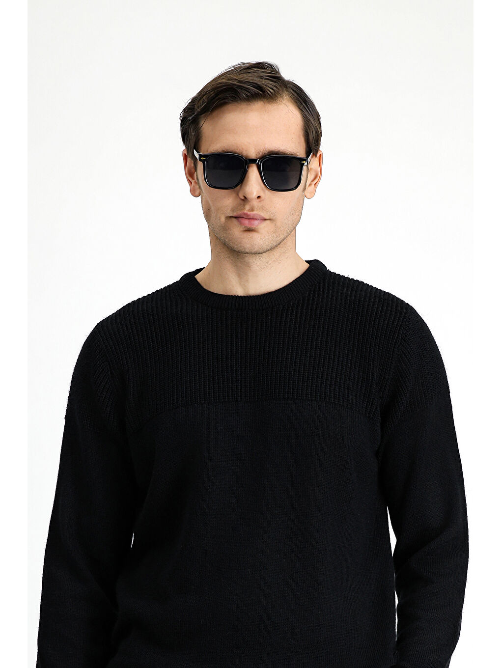 Siyah Bisiklet Yaka Regular Fit Desenli Triko Büyük Beden Kazak-2