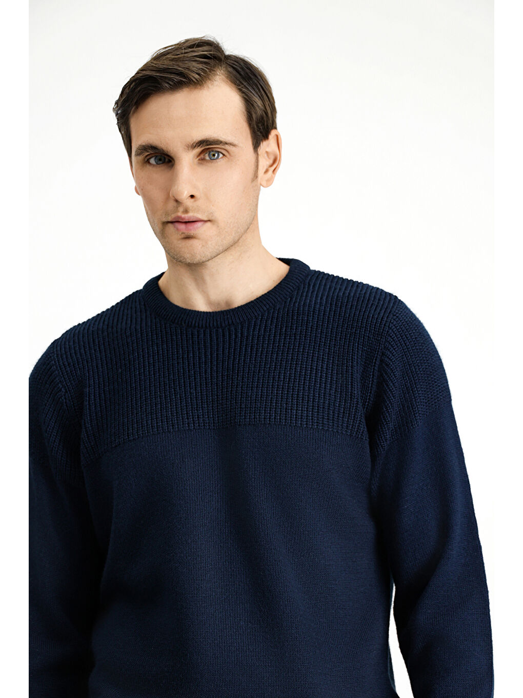 Lacivert Bisiklet Yaka Regular Fit Desenli Triko Büyük Beden Kazak-2