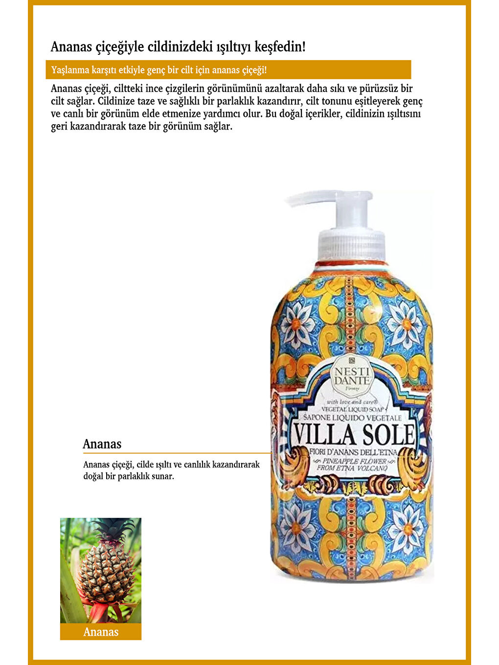 Villa Sole Fiori D'Ananas Dell'Etna Sıvı Sabun 500ml l Yaşlanma Karşıtı l Ananas-2