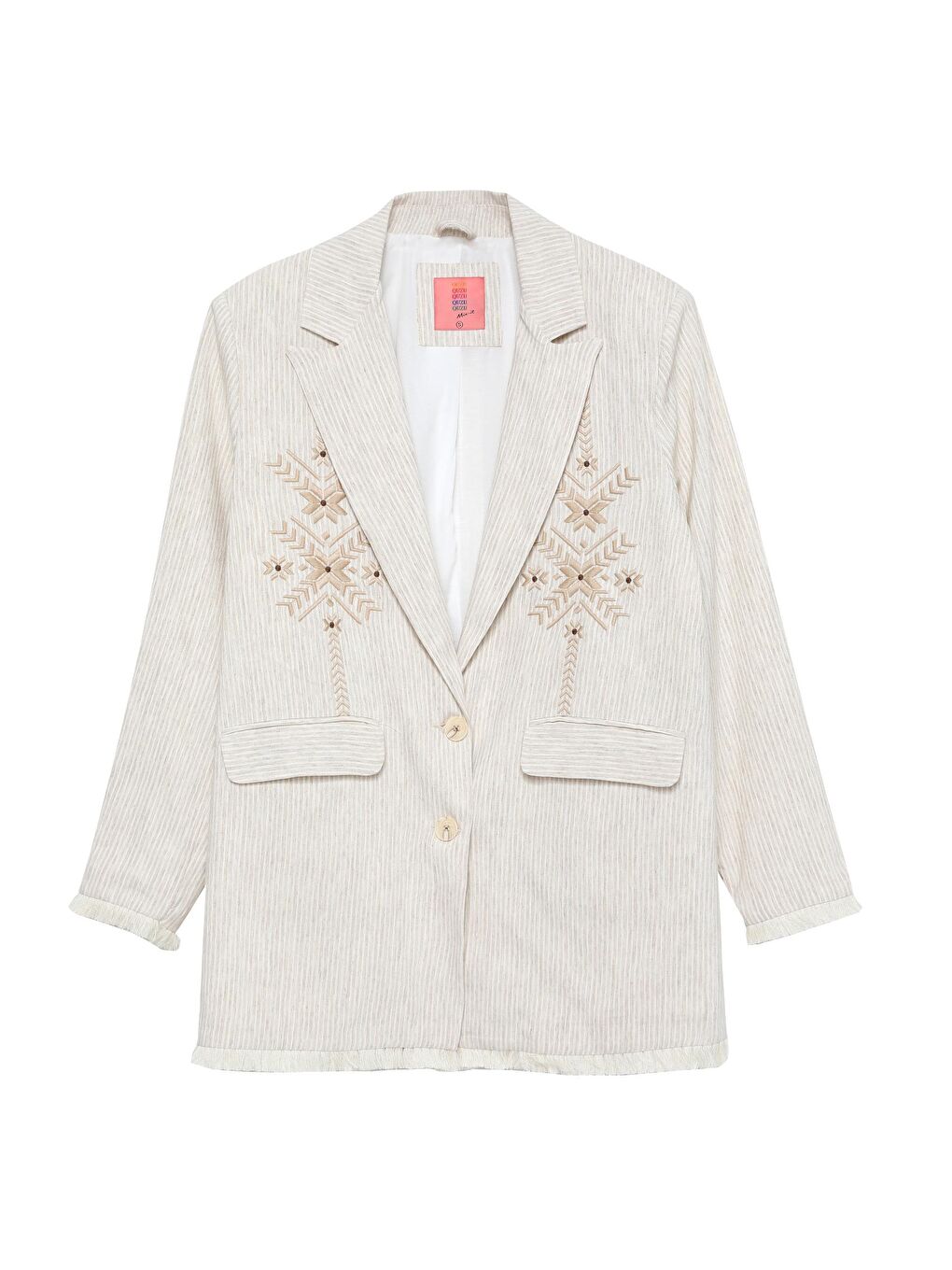 Bej Nakış Detaylı Keten Oversize Blazer Ceket Naturel