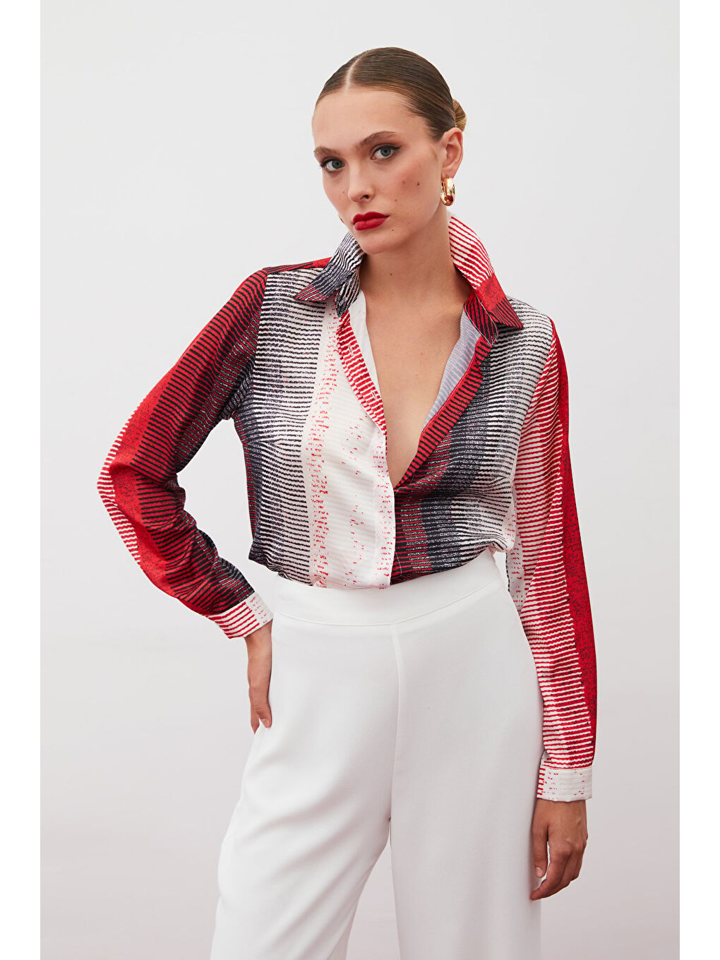 Desenli Düz Gömlek - Kırmızı-2