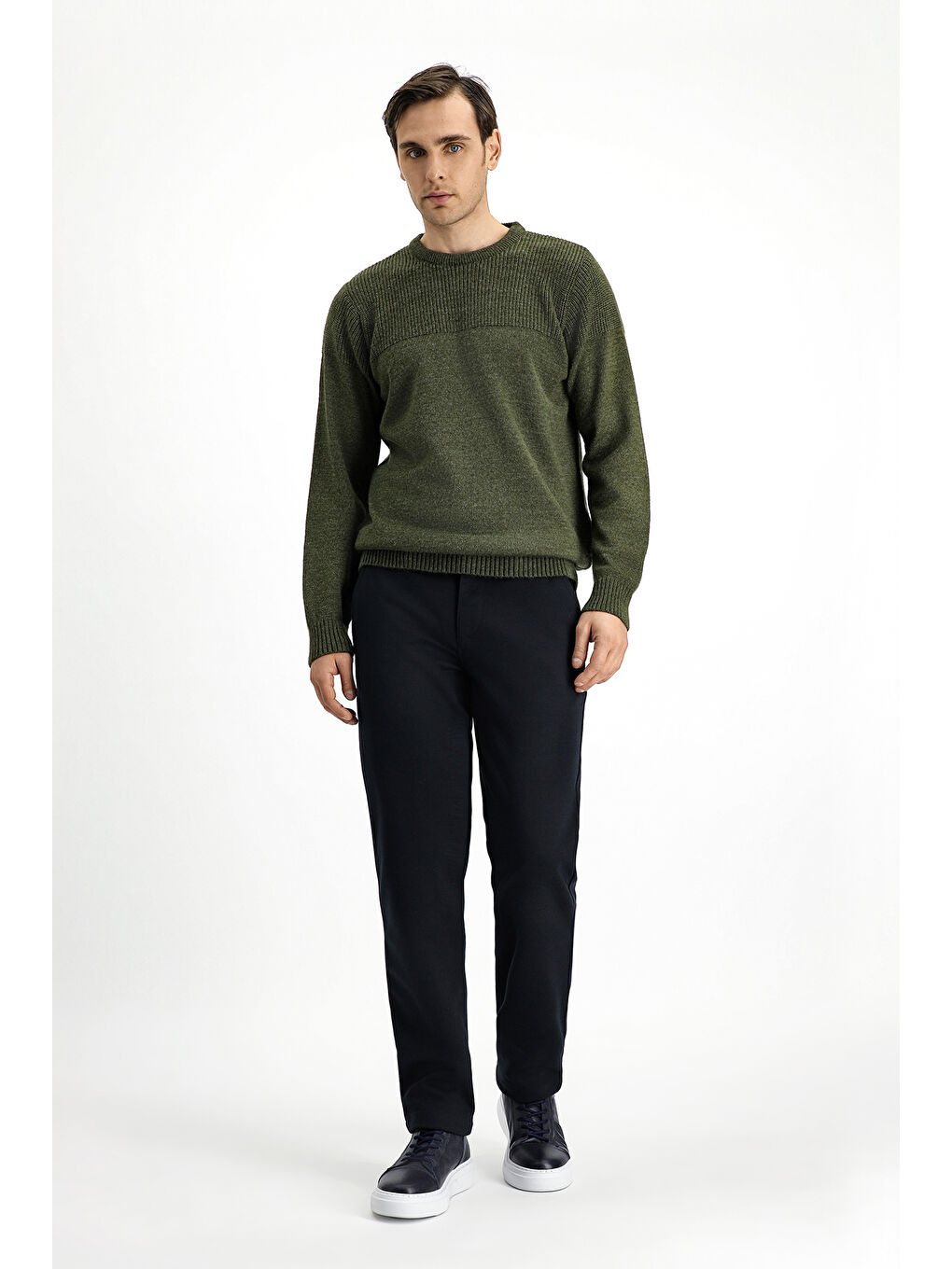 Haki Bisiklet Yaka Regular Fit Desenli Triko Büyük Beden Kazak-2