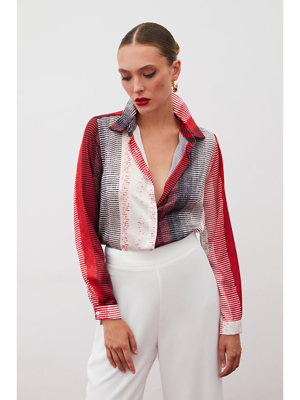 Desenli Düz Gömlek - Kırmızı-3