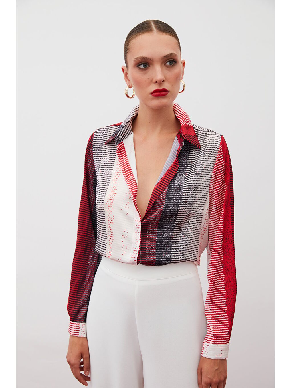 Desenli Düz Gömlek - Kırmızı-4