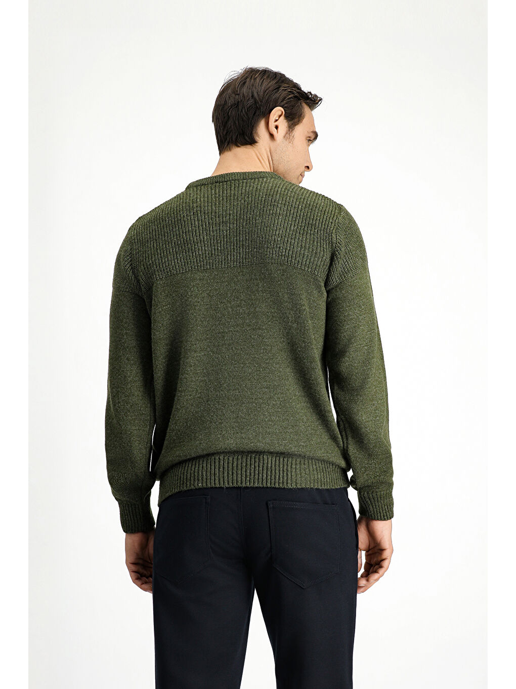 Haki Bisiklet Yaka Regular Fit Desenli Triko Büyük Beden Kazak-4