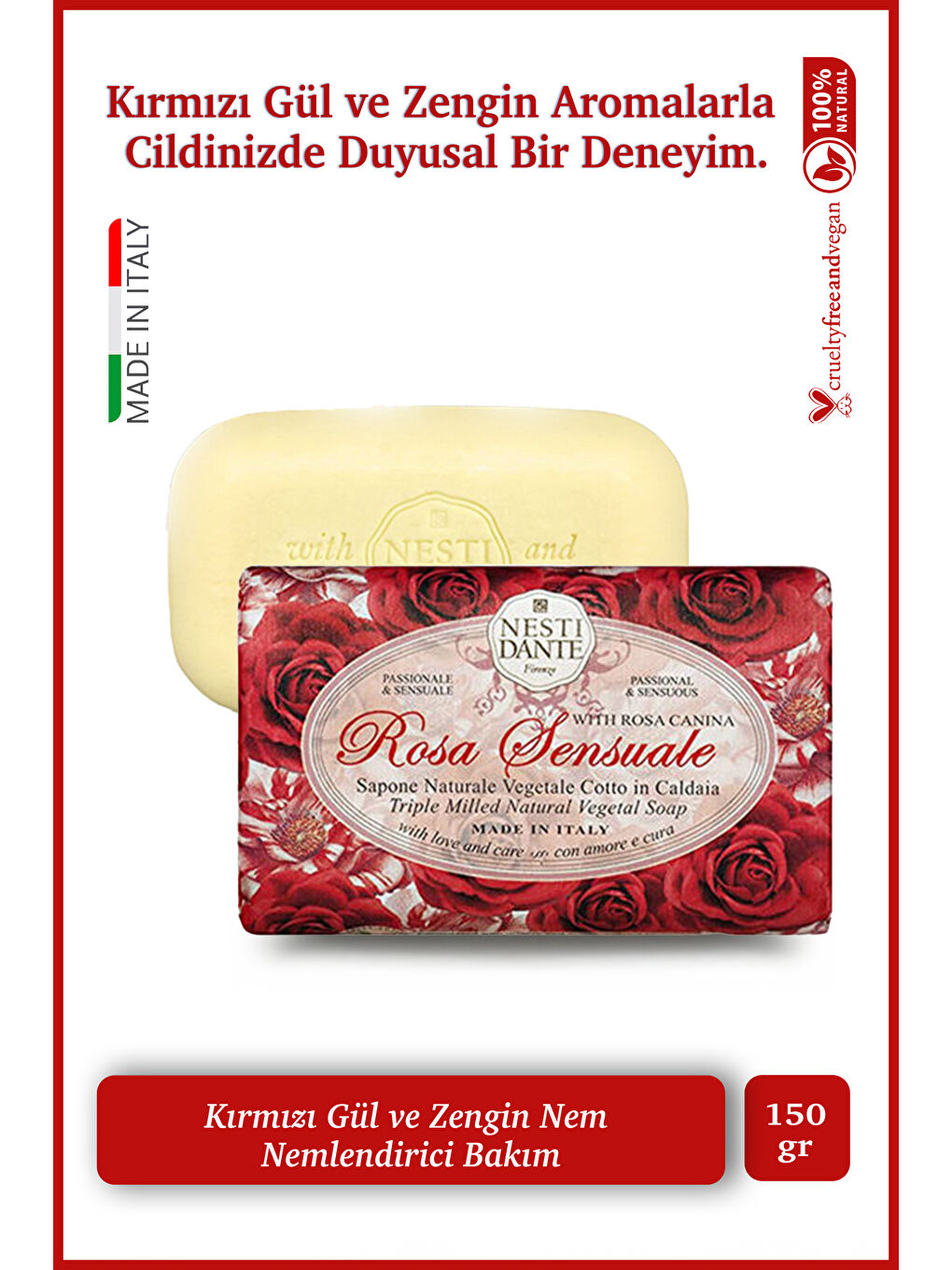 Sabun Le Rose Sensuale Kırmızı Gül Suyu ve Kokulu Vegan Bakım 150 g