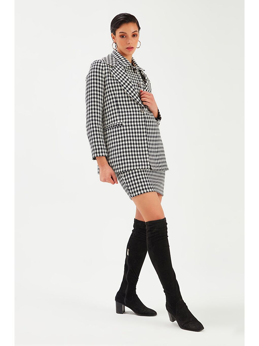 Kazayağı Desenli Ceket - Siyah-1